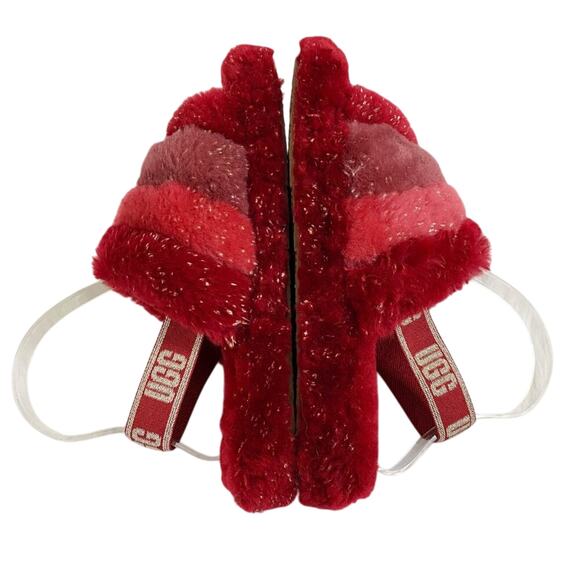 Ugg Red Fluff Yeah Slipper Slide Sandals Metallic Gold Accent Women's Size 6 EUC - Picture 5 of 10